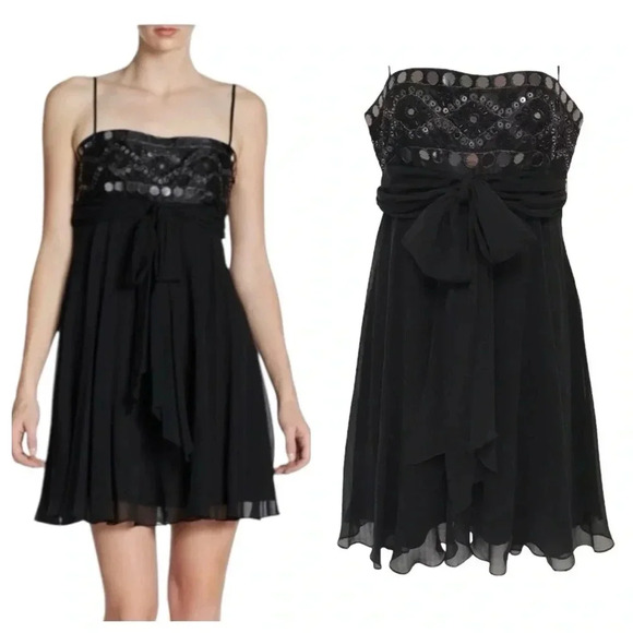 BCBGMaxazria Y2K Black 100% Silk Spaghetti Strap Fit & Flare Party Dress Size 4 - Picture 2 of 13